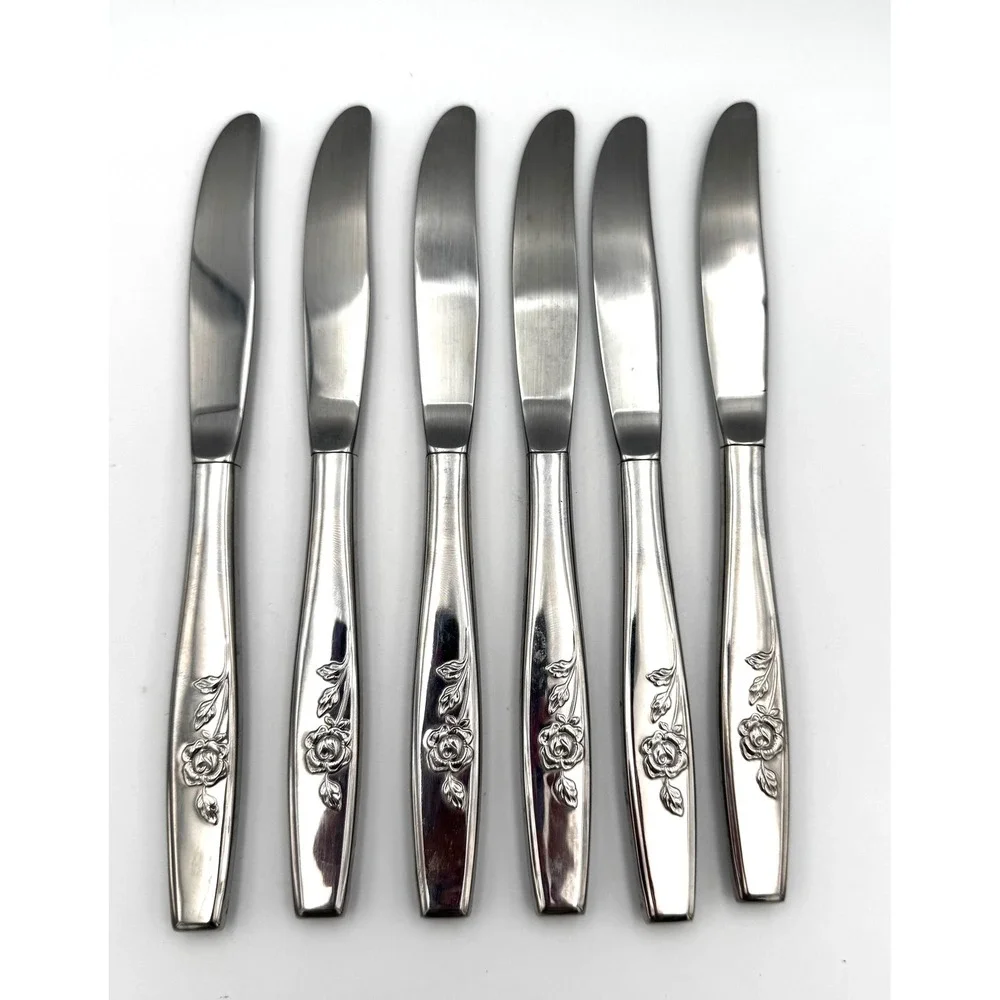 Lot of 6 Vintage Oneida Lasting Rose Stainless Steel Dinner Knives 8.5